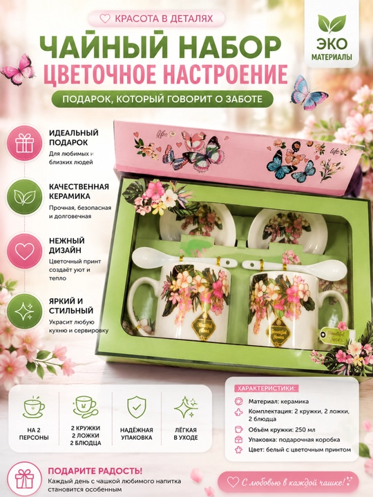 Подарочный чайный набор из керамики 6 предметов – 2 кружки, 2 блюдца, 2 ложки - 
