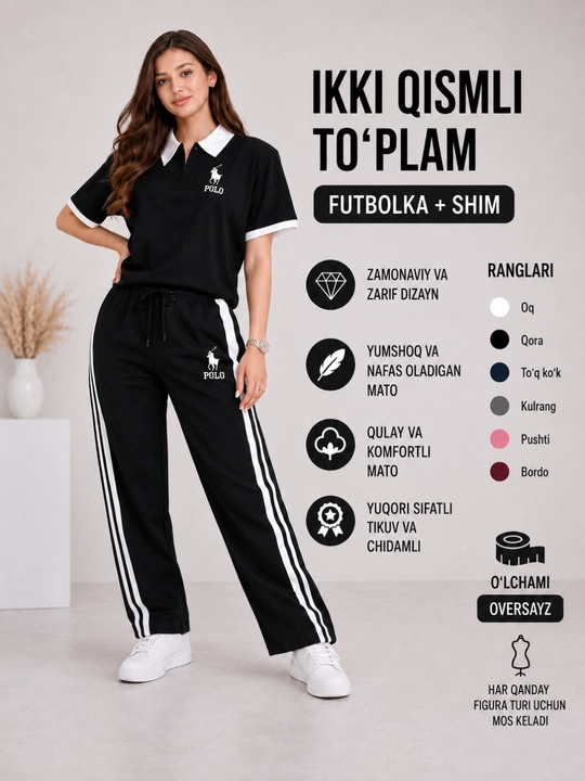 Ayollar sport kiyimi dvoyka, Polo futbolka va shim, oversayz, 6 xil rang