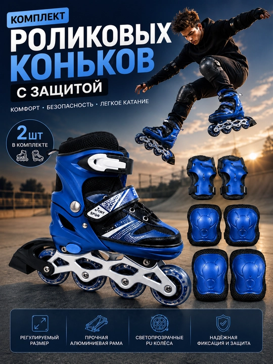 Роликовые коньки, ролики детские, с защитой, комплект роликов, раздвижные - 