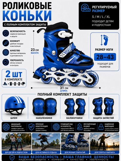 Роликовые коньки, ролики детские, с защитой, комплект роликов, раздвижные
