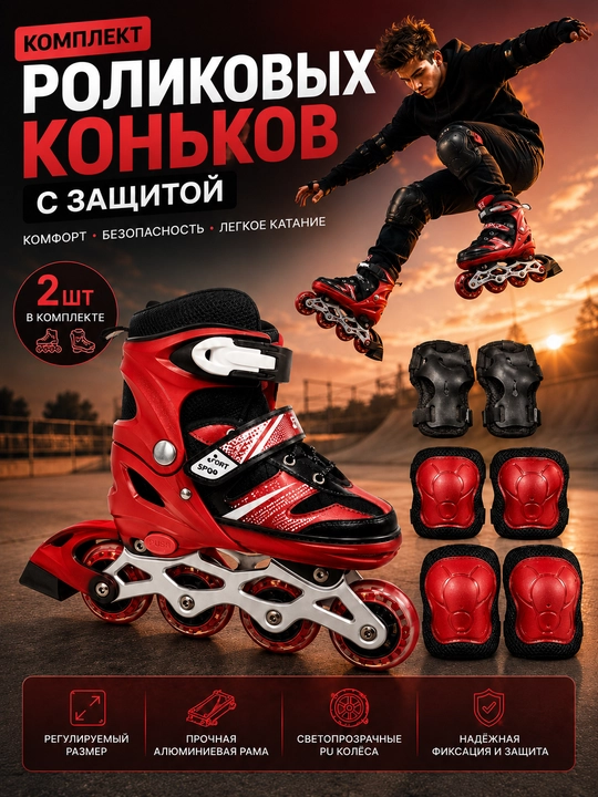 Роликовые коньки, ролики детские, с защитой, комплект роликов, раздвижные - 