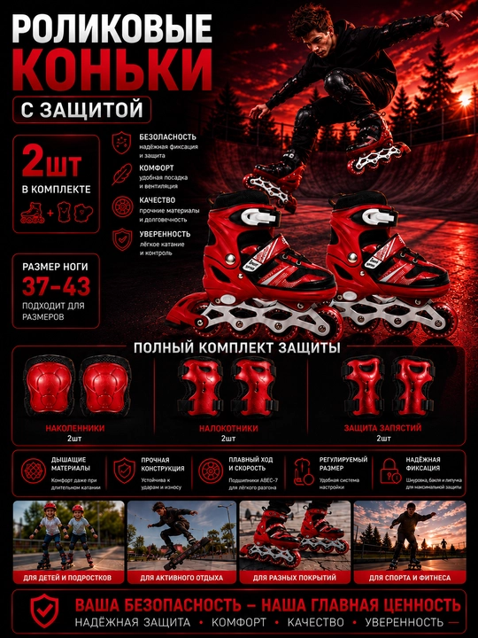 Роликовые коньки, ролики детские, с защитой, комплект роликов, раздвижные