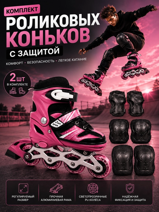 Роликовые коньки, ролики детские, с защитой, комплект роликов, раздвижные - 