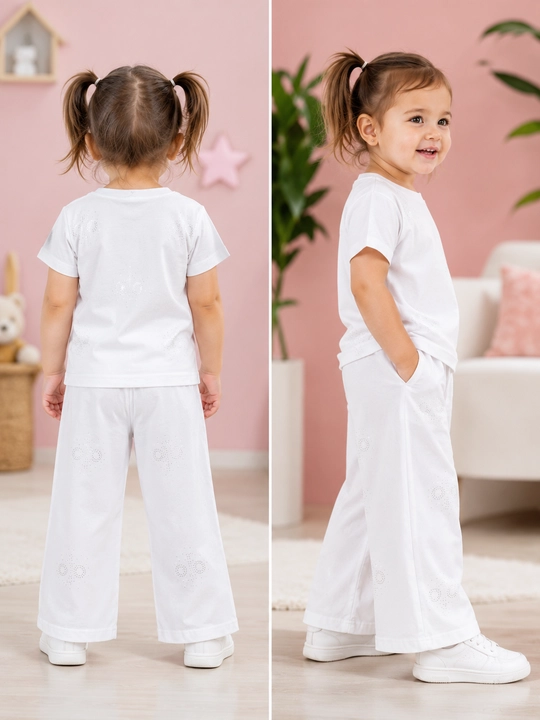 1,5 - 4 yoshgacha bo‘lgan qizlar uchun pijama, to‘plam: futbolka va keng palatsso shimi