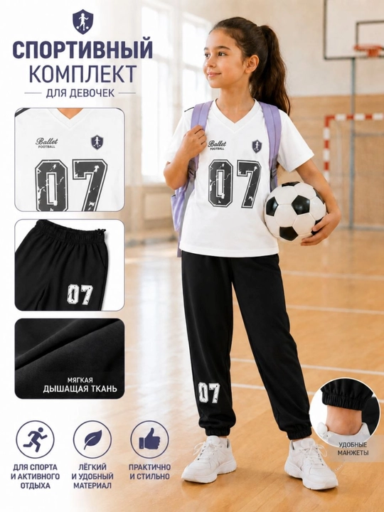 Qizlar sport kiymi, qizlar futbolka va shim, paxtali sport kiymi, 7-14 yosh qizlar kiyimi - 