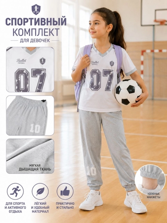 Qizlar sport kiymi, qizlar futbolka va shim, paxtali sport kiymi, 7-14 yosh qizlar kiyimi