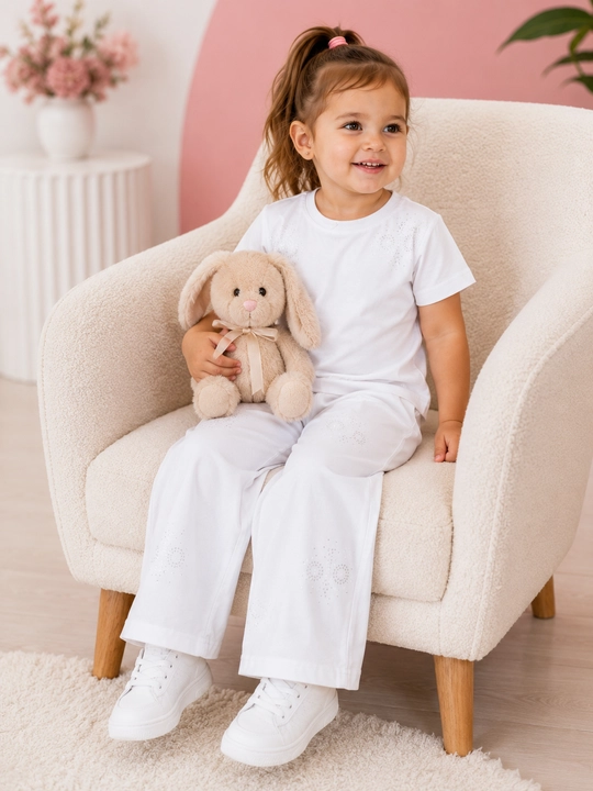 1,5 - 4 yoshgacha bo‘lgan qizlar uchun pijama, to‘plam: futbolka va keng palatsso shimi