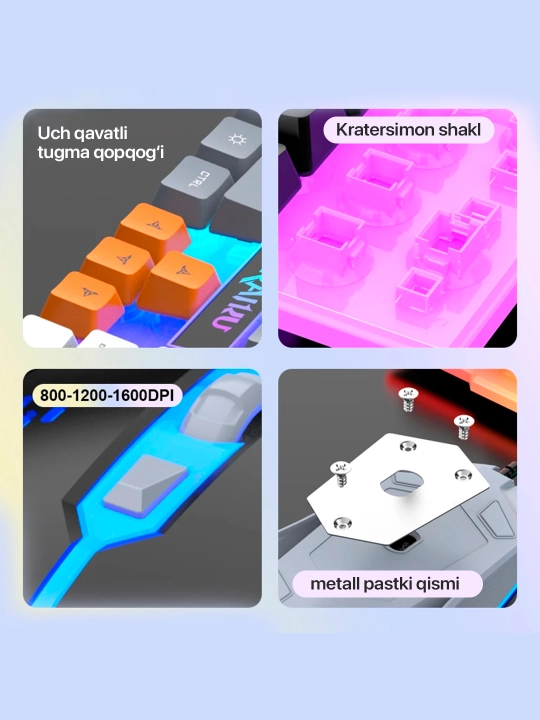 RGB yoritgichli klaviatura, mexanik va membranali modellar, sichqonchali variantlari
