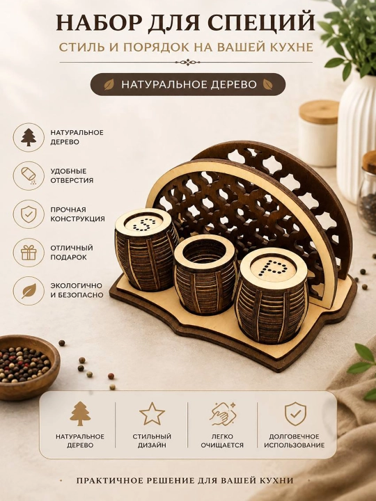 "Bochka" shaklidagi yog‘och salfetka va ziravorlar to‘plami - 