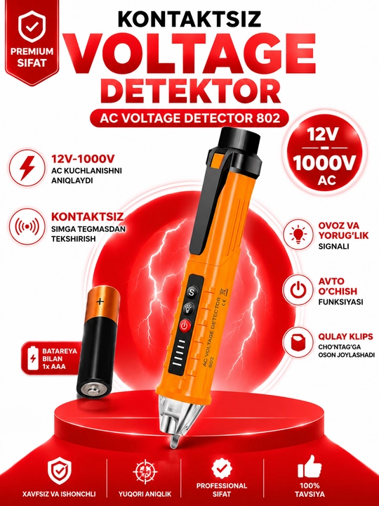 Kontaktsiz kuchlanish detektori DELBI 802, 12–1000V AC, ovoz va yorug'lik signalili - 