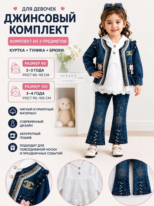 Джинсы для девочек 3, 4 лет, комплект из трех предметов, осенний комплект из трех предметов - 