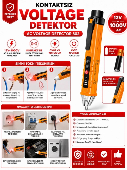 Kontaktsiz kuchlanish detektori DELBI 802, 12–1000V AC, ovoz va yorug'lik signalili