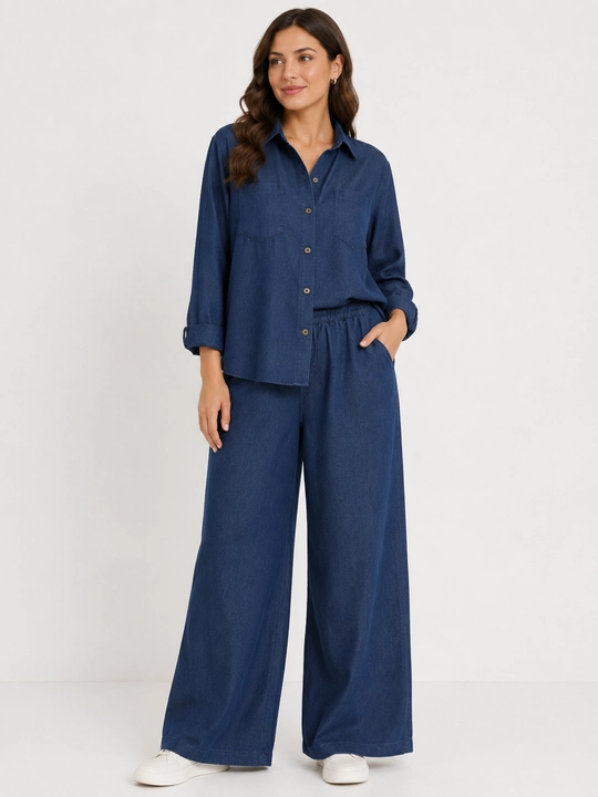 Ayollar jinsi kostyumi, rubashka va keng shim, M–3XL o‘lchamlar — ELLY FASHION - 