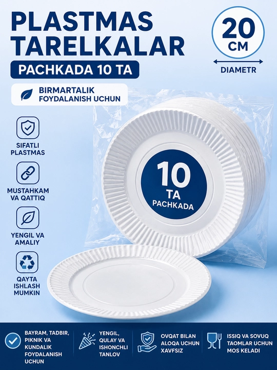 Birmartalik plastmassa tarelkalar 20 cm, pachkada 10 dona (piknik va tadbirlar uchun) - 