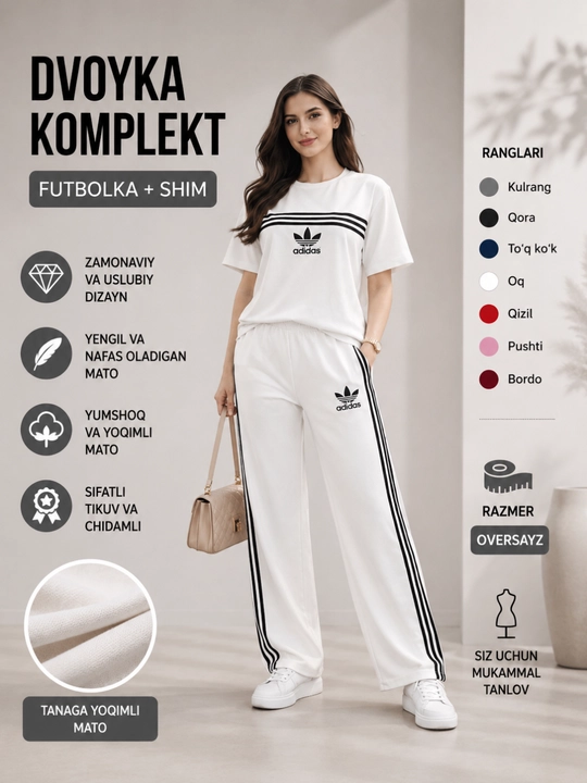 Ayollar sport kiyimi dvoyka, futbolka va shim, oversayz, 7 xil rang