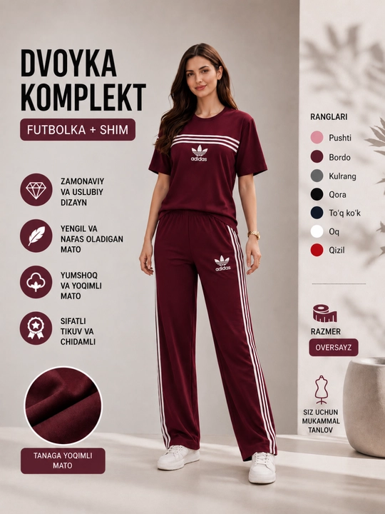 Ayollar sport kiyimi dvoyka, futbolka va shim, oversayz, 7 xil rang
