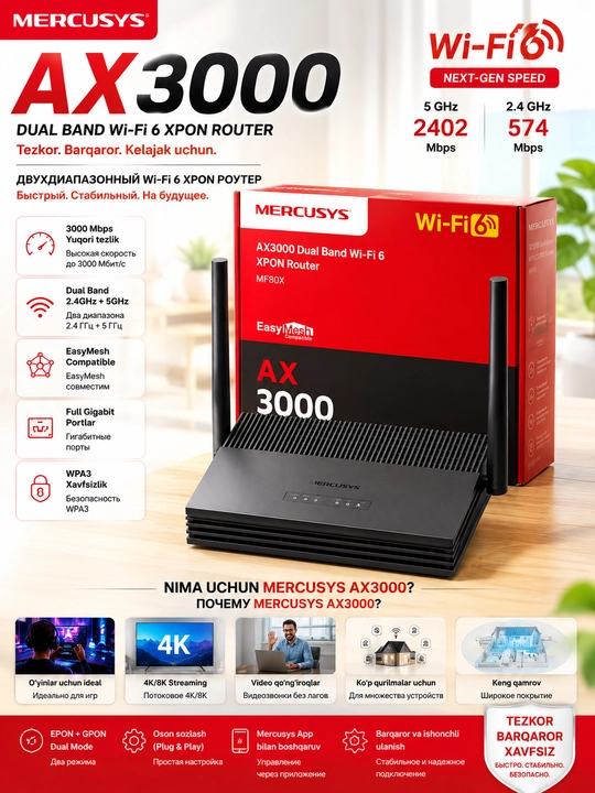Mercusys AX3000 Wi-Fi 6 XPON Router – Tezkor va Barqaror Internet - 