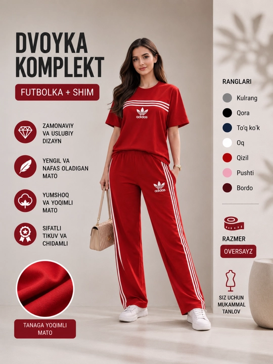 Ayollar sport kiyimi dvoyka, futbolka va shim, oversayz, 7 xil rang