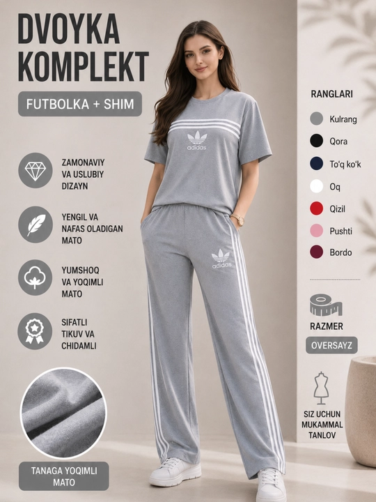 Ayollar sport kiyimi dvoyka, futbolka va shim, oversayz, 7 xil rang