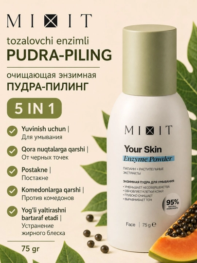 MIXIT Papayin va o‘simlik ekstraktlari bilan yuvinish uchun ferment kukuni, 75 g - 