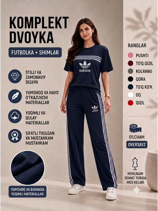 Ayollar sport kiyimi dvoyka, futbolka va shim, oversayz, 7 xil rang