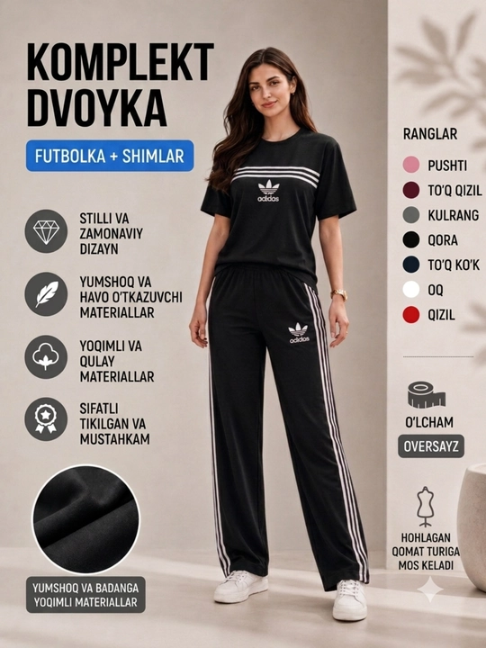 Ayollar sport kiyimi dvoyka, futbolka va shim, oversayz, 7 xil rang