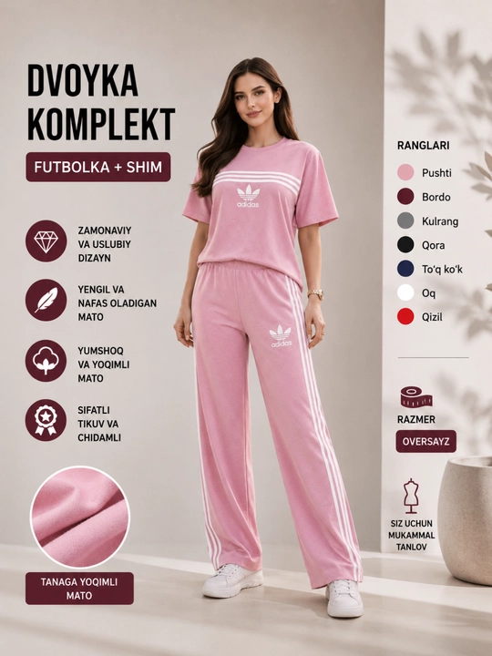 Ayollar sport kiyimi dvoyka, futbolka va shim, oversayz, 7 xil rang