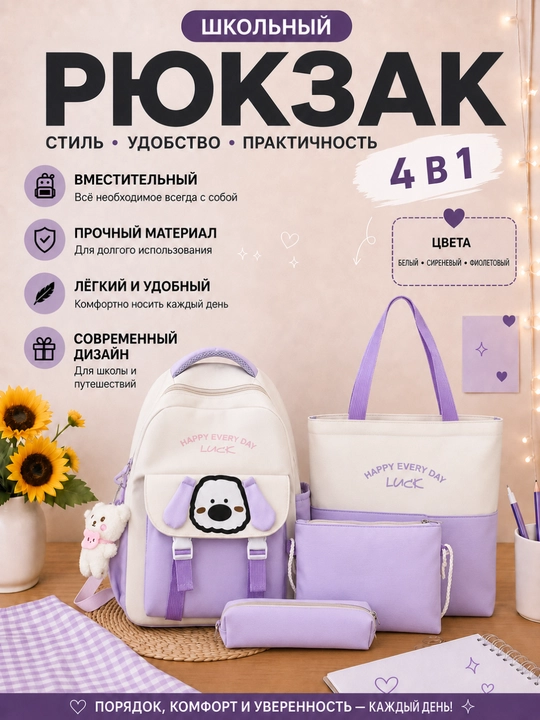 Школьный рюкзак для девочек 4 в 1, в наборе: рюкзак, пенал, сумка - 