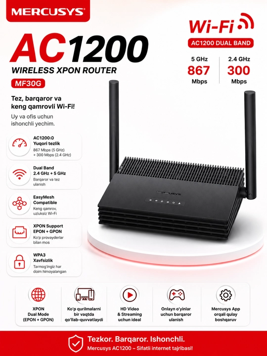 Mercusys AX3000 Wi-Fi 6 XPON Router – Tezkor va Barqaror Internet