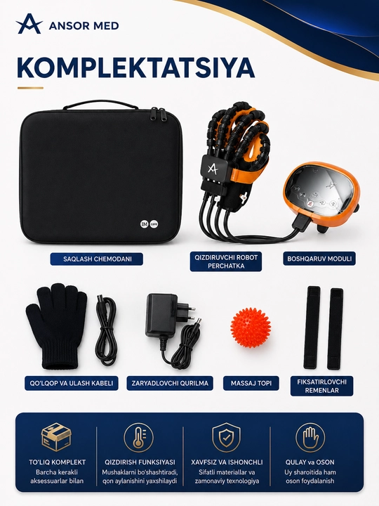 Qo‘l panjasi uchun isitish funksiyali reabilitatsion robot-qo‘lqop