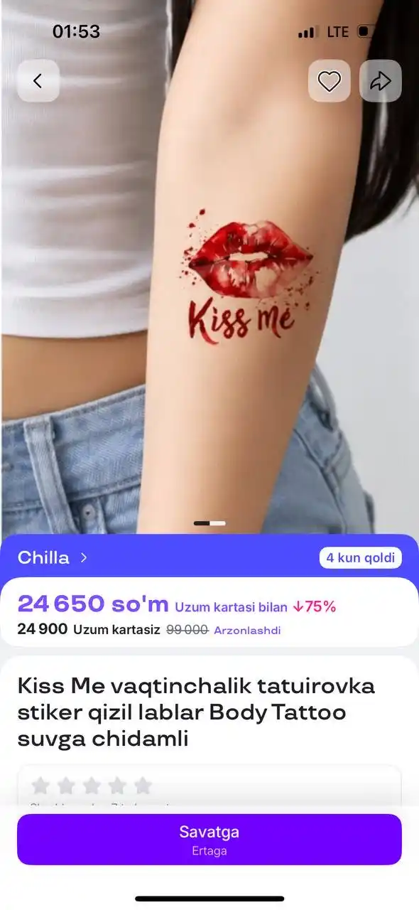 Kiss Me vaqtinchalik tatuirovka stiker qizil lablar Body Tattoo suvga chidamli