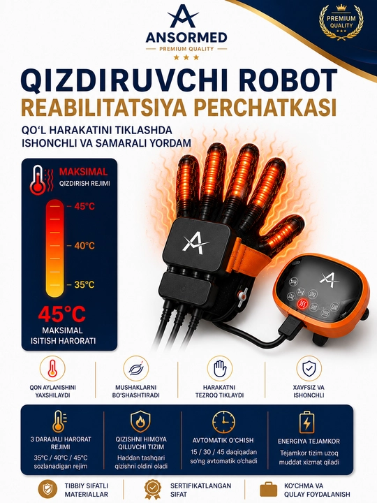 Qo‘l panjasi uchun isitish funksiyali reabilitatsion robot-qo‘lqop