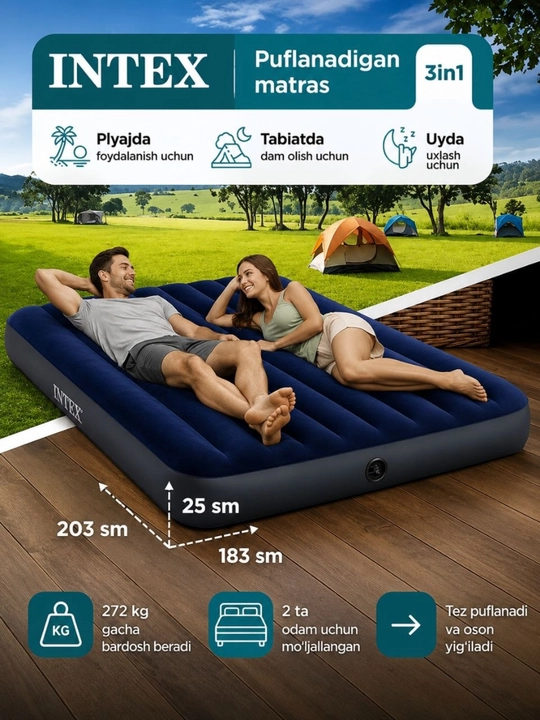 INTEX 64755 Classic Dura-Beam ikki kishilik puflanadigan matras, 183×203×25 sm - 