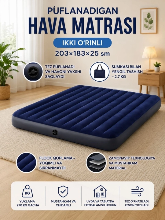 INTEX 64755 Classic Dura-Beam ikki kishilik puflanadigan matras, 183×203×25 sm