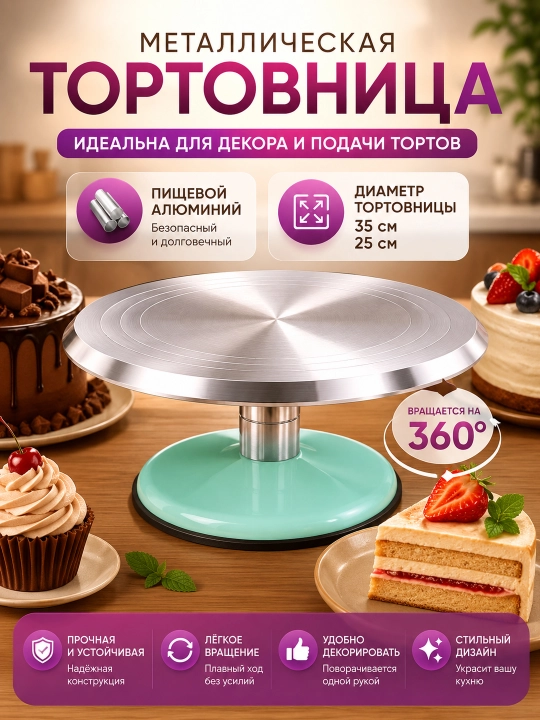Тортовница металлическая вращающаяся 360° на ножке, подставка для торта и десертов - 