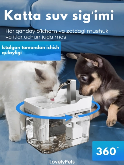 Mushuk va itlar uchun avtomatik ichimlik favvorasi 1,5L filtrli