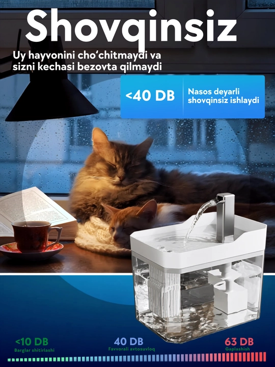 Mushuk va itlar uchun avtomatik ichimlik favvorasi 1,5L filtrli