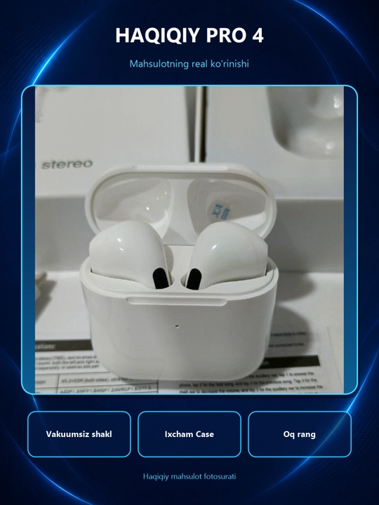 Pro 4 simsiz quloqchin, Bluetooth, sensorli naushnik, iPhone va Android uchun