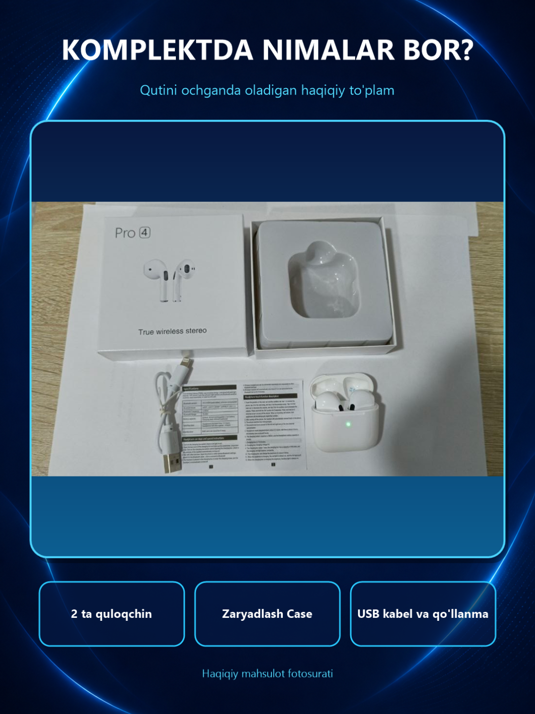 Pro 4 simsiz quloqchin, Bluetooth, sensorli naushnik, iPhone va Android uchun