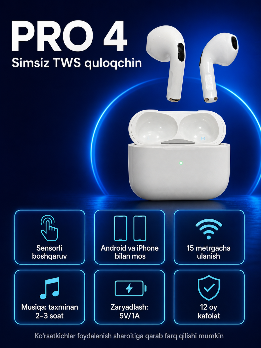 Pro 4 simsiz quloqchin, Bluetooth, sensorli naushnik, iPhone va Android uchun