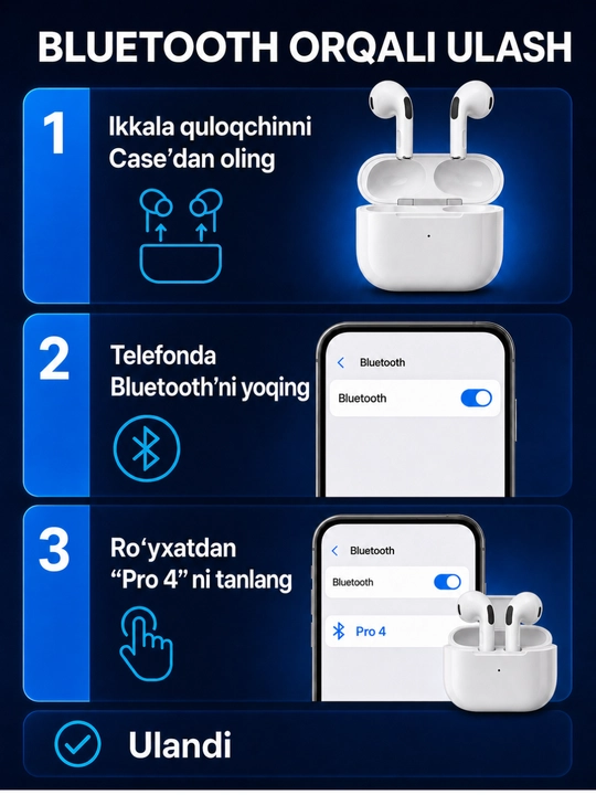 Pro 4 simsiz quloqchin, Bluetooth, sensorli naushnik, iPhone va Android uchun