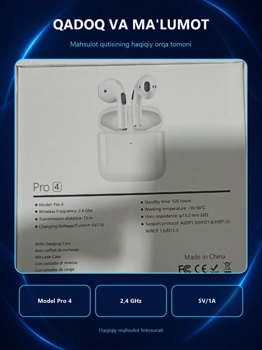Pro 4 simsiz quloqchin, Bluetooth, sensorli naushnik, iPhone va Android uchun