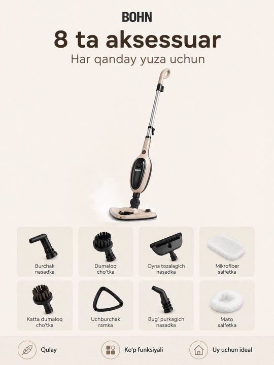 BOHN Multifunction bug‘li shvabra, 8 ta aksessuar, 15 soniya qizish, 280 ml, 4.8 m kabel