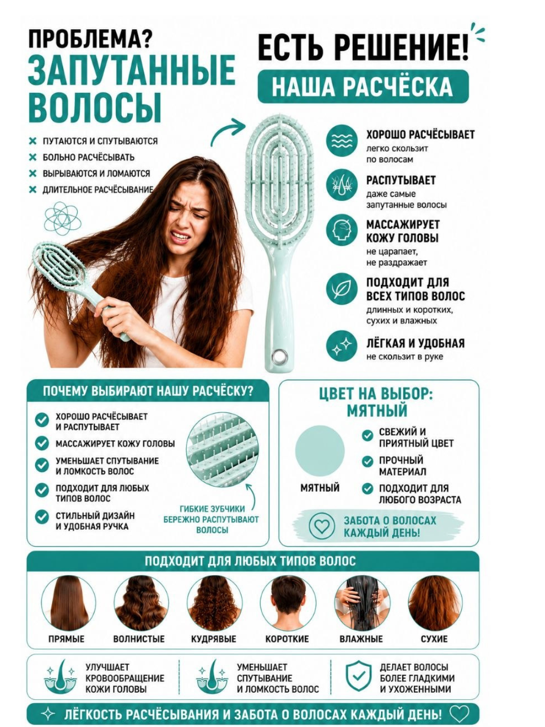 Массажная расческа, для волос, щетка, массаж кожи головы - 