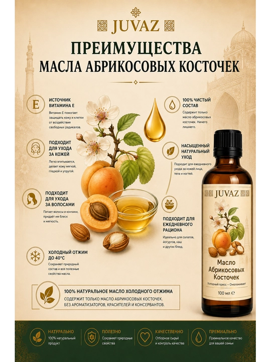 O'rik yog'i JUVAZ, Teri va sochni parvarishi uchun, sovuq presslangan, 100 ml