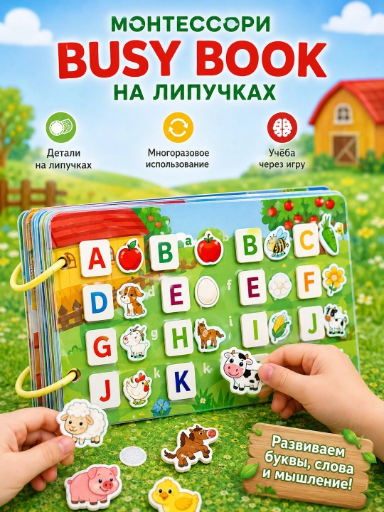 Развивающая книжка Busy Book на липучках, многоразовая игра Монтессори