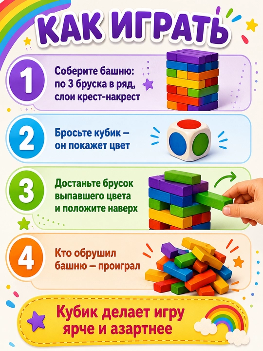Stol o'yini Jenga (Jengo) - yog'och minora, oila va do'stlar uchun o'yinlar, 3+
