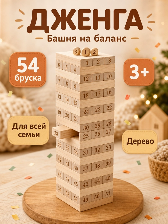 Stol o'yini Jenga (Jengo) - yog'och minora, oila va do'stlar uchun o'yinlar, 3+ - 