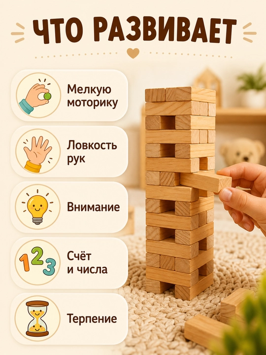Stol o'yini Jenga (Jengo) - yog'och minora, oila va do'stlar uchun o'yinlar, 3+