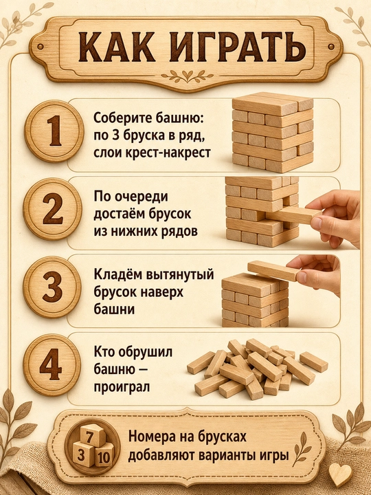 Stol o'yini Jenga (Jengo) - yog'och minora, oila va do'stlar uchun o'yinlar, 3+